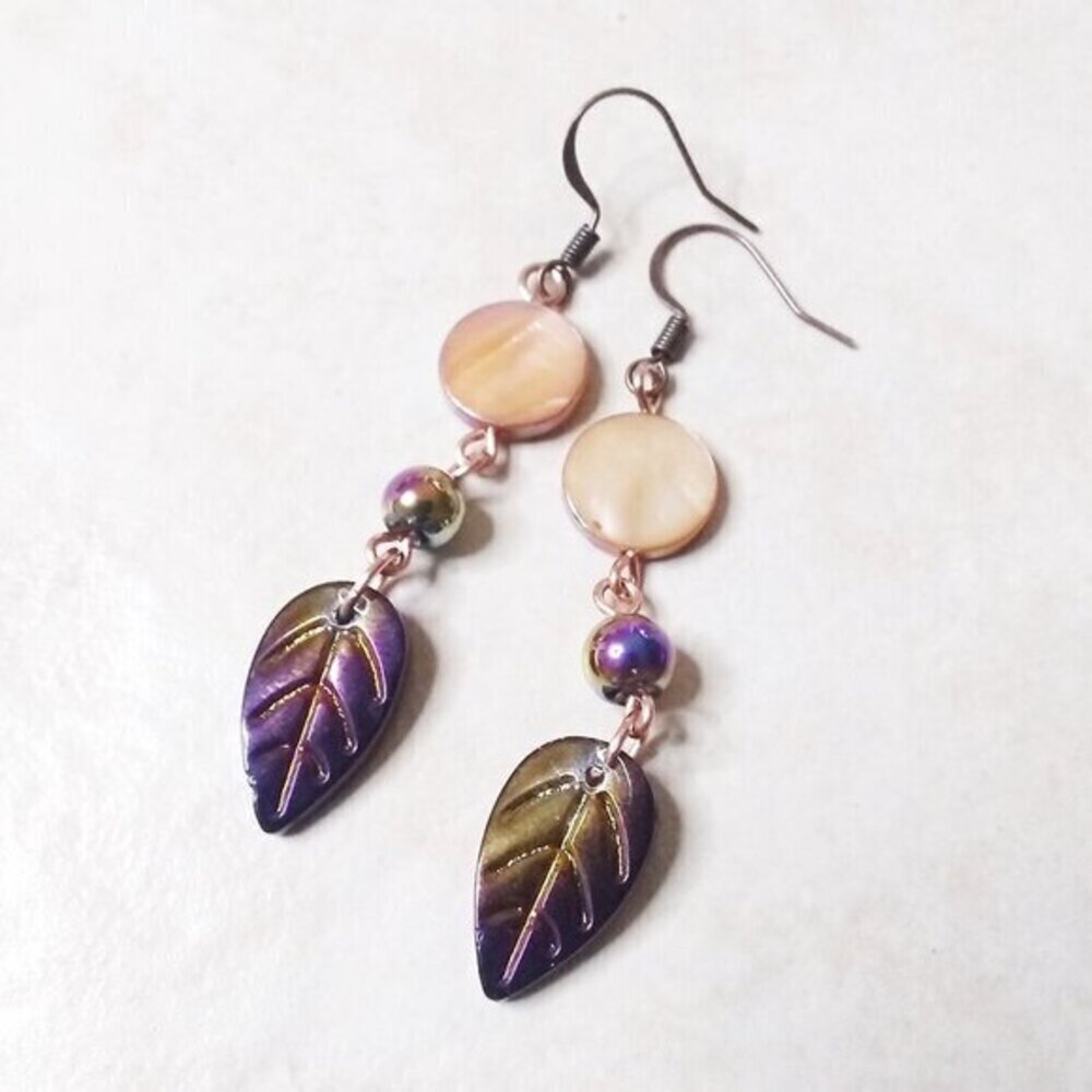 Ultra Feminine Leaf Dangle Earrings - Shimmering Purple Hues - Fall Earrings